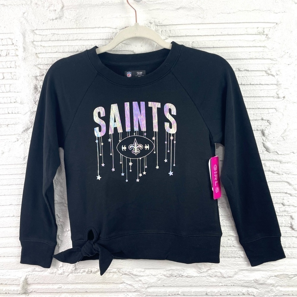 NFL Team Apparel Girls Saints Sweatshirt‎ Black W/Iridescent Logo Tie Waist 7/8